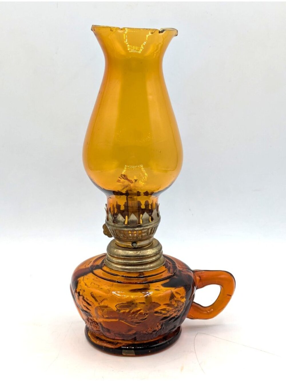 Vintage Amber Glass Miniature Oil Lamp Lantern Hong Kong with Handle 8" and Box